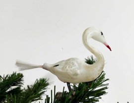 Glazen vintage kerstversiering - zwaan/ooievaar. Antieke vogel op knijpertje