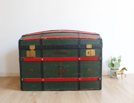 Antieke houten hutkoffer / dekenkist. Grote groene vintage kist.
