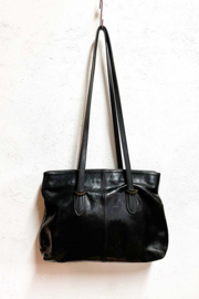 Zwart lederen schoudertas - Italiaans. Vintage schooltas / handtas / shopper