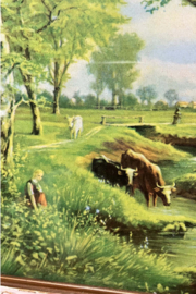 Vintage 'schilderijtje' met landschap en koeien. Retro prent in lijst.