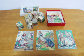 Vintage puzzel: Assepoester. Retro blokken / blokpuzzel in doos