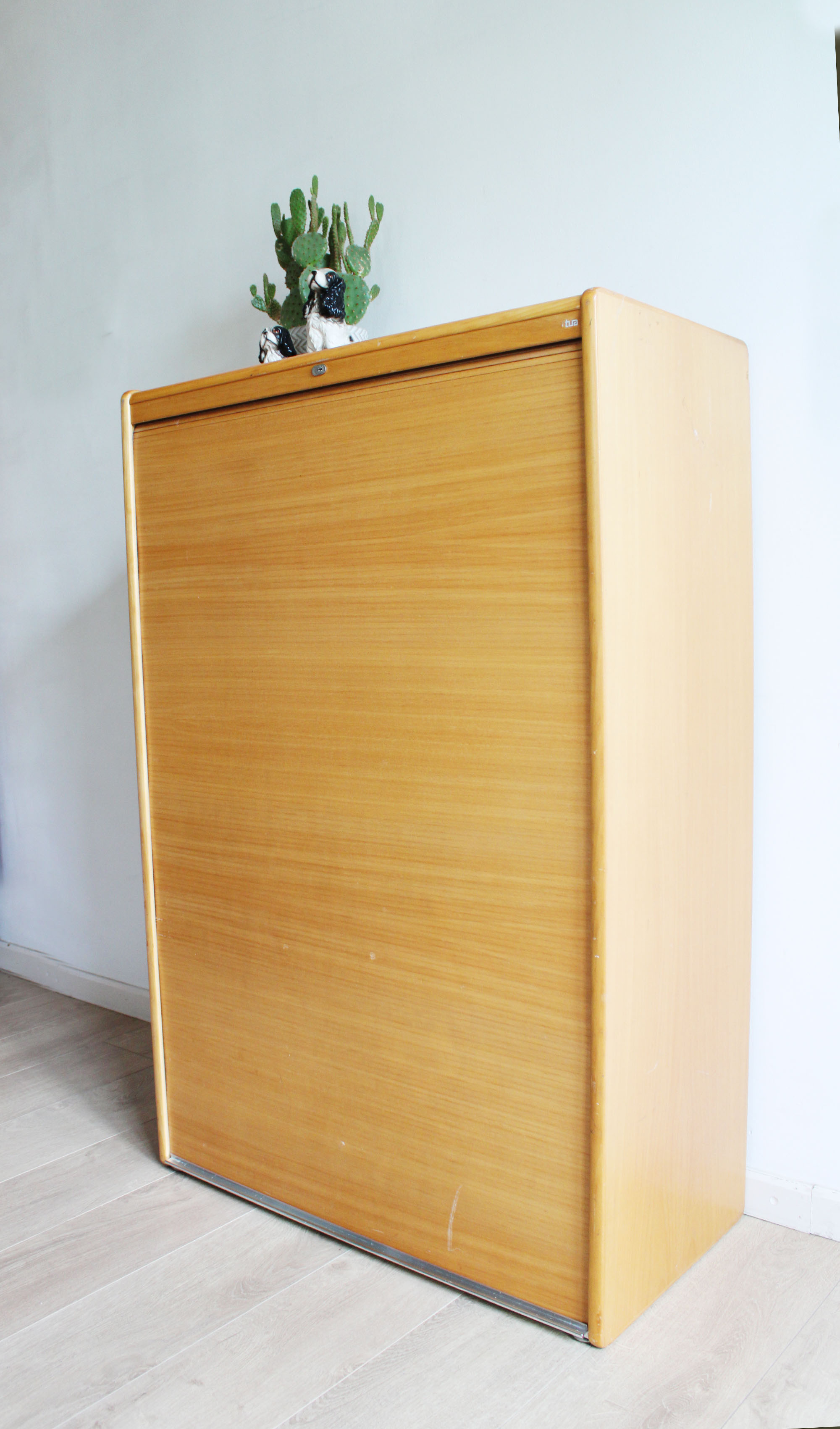 Vintage kast met roldeur. Houten retro school / archiefkast