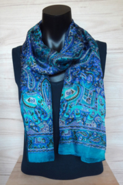 zijden sjaal aquablauw met print
