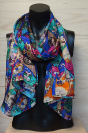 sjaal blauw-multicolor poezenprint