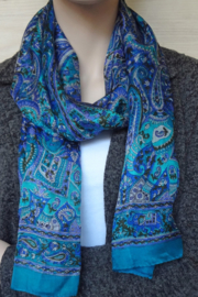 zijden sjaal aquablauw met print