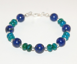 Armband van lapis lazuli, chrysocolla en zilveren kraaltjes