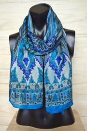 zijden sjaal aqua blauw met print