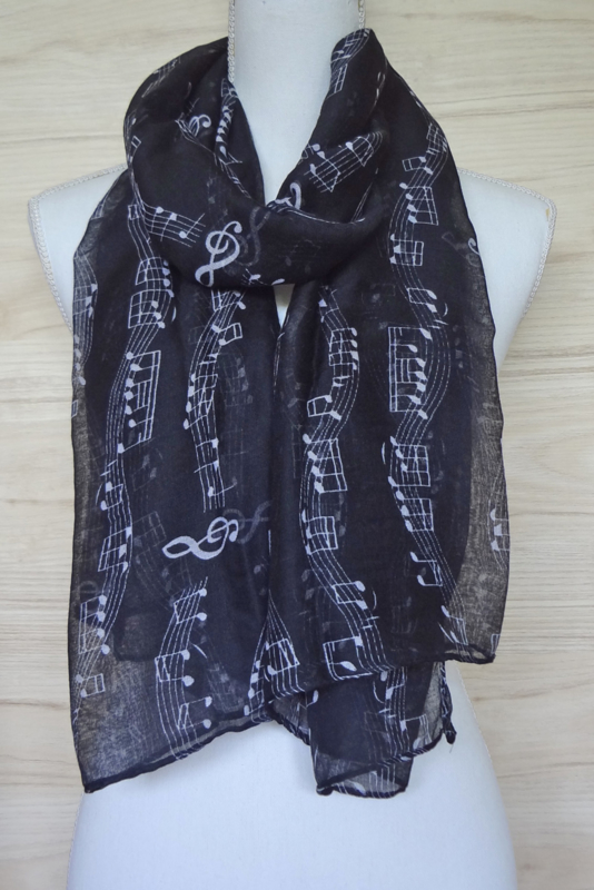 sjaal zwart met muzieknoten