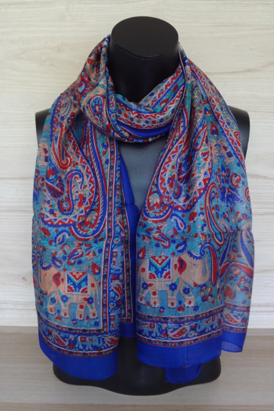 Succesvol wat betreft Vooruitzien sjaal koningsblauw paisley met olifantjes | Zijden sjaaltjes | SEWISO