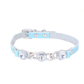 Halsband Leer Rhinestone Blauw XS - Nekomvang 20-26 cm