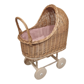 Rieten Poppenwagen met Roze Bekleding