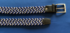 Elastische heren riem zwart/wit/blauw 135 cm lang 3,5 cm breed