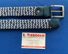 Elastische heren riem blauw/wit 110 cm lang 3,5 cm breed
