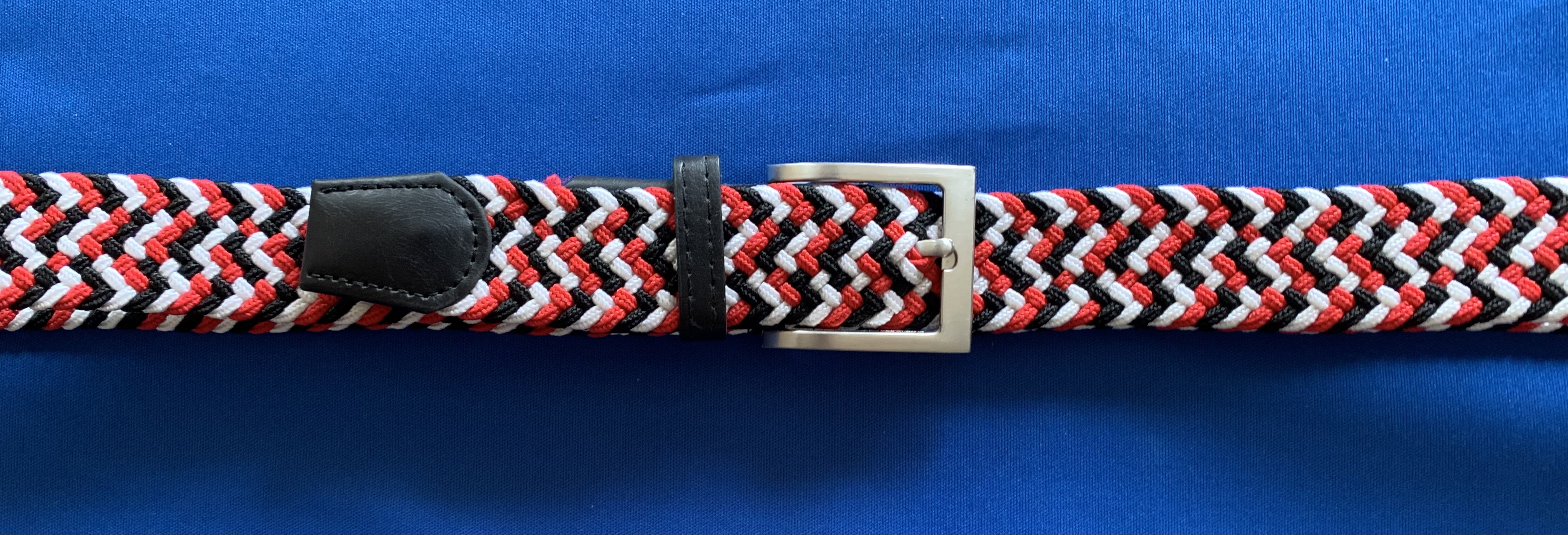 Elastische heren riem rood/wit/zwart 115 cm lang 3,5 cm breed