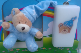 Geboortekaars Beertje blauw & knuffel  in geschenkdoos