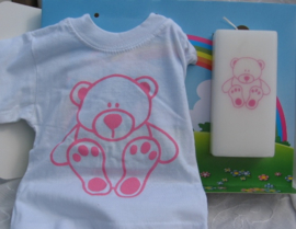 Geboortekaars Beertje roze & T-shirt in geschenkdoos