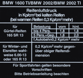 Aufkleber "Reifenluftdruck" 1600ti/2002/2002ti bis 1971 (Neu)