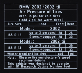 Aufkleber "Air Pressure of Tires" 2002 / 2002 tii USA (Neu)