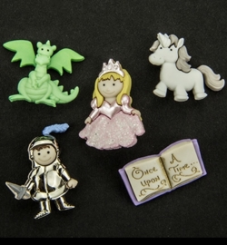 Sprookjesfiguren (ridder, prinses, draak, paard en boek)
