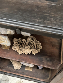 Oud Vitrinekastje, smal, Gebobbeld Glas, Zwart met Mooie Patina 147426