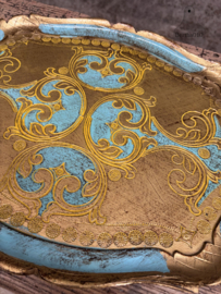 Vintage Florentijns dienblad handbeschilderd hout in goud en lichtblauw 147960