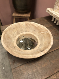 Houten spiegel rond met oud geleefd glas (144535)