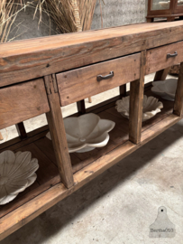 Lange oude werkbank met 4 laden 147978 lengte 260 cm