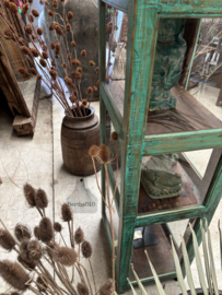 Hoge antieke vitrinekast in turquoise groen originele patina 148093 verkocht