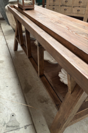 Lange oude werkbank met 4 laden 147978 lengte 260 cm