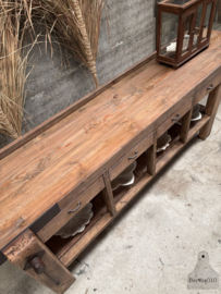 Lange oude werkbank met 4 laden 147978 lengte 260 cm