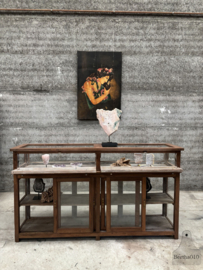 Prachtige originele antieke winkel- of museumvitrine rondom glas 147855 lengte 182 cm