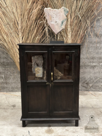 Oud Vitrinekastje, smal, Gebobbeld Glas, Zwart met Mooie Patina 147426