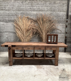 Lange oude werkbank met 4 laden 147978 lengte 260 cm