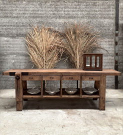 Lange oude werkbank met 4 laden 147978 lengte 260 cm