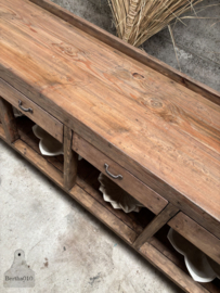 Lange oude werkbank met 4 laden 147978 lengte 260 cm