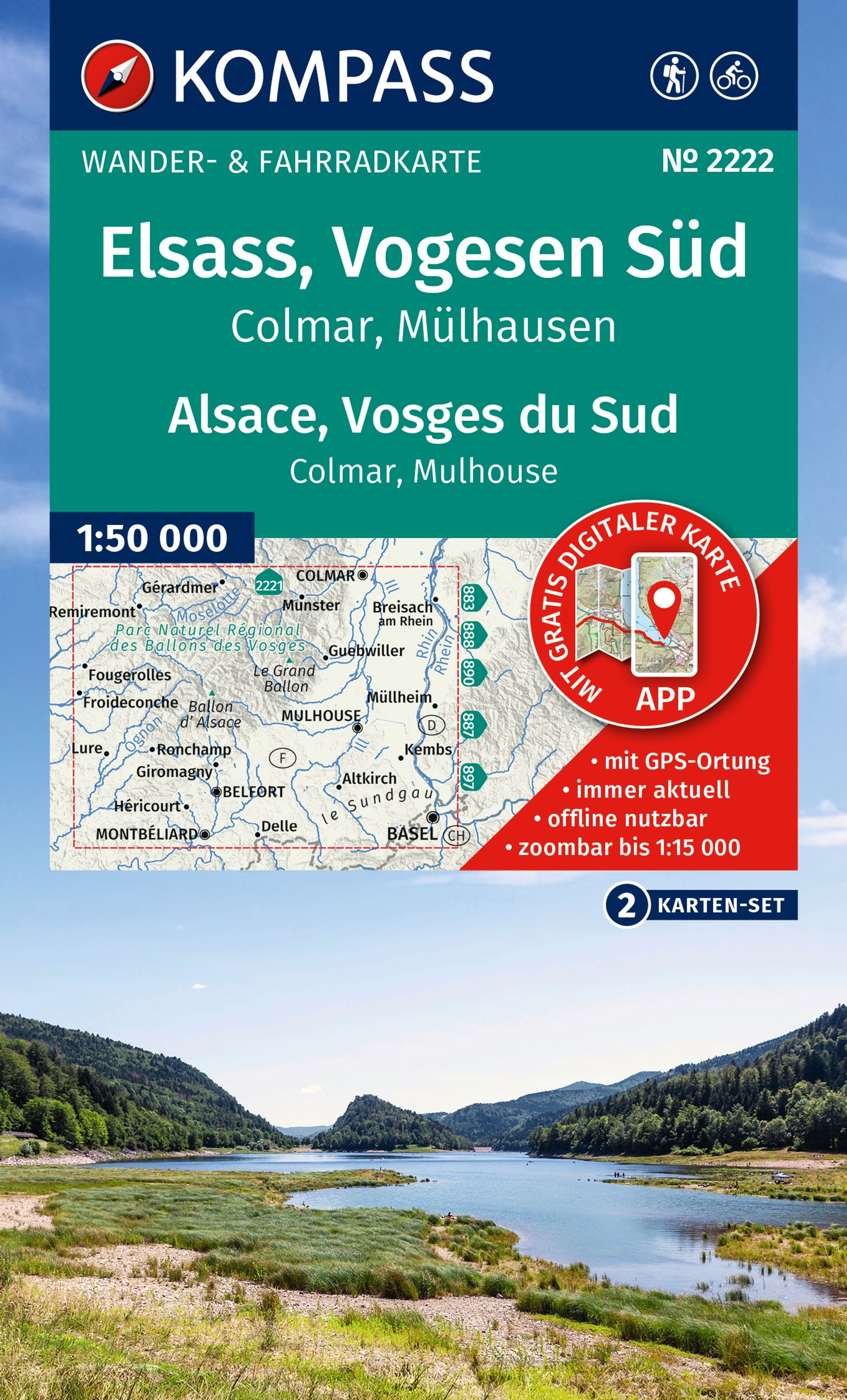 Wandelkaart - Fietskaart Elzas - Vogezen Zuid | Kompass 2222 | 1:50.000 | ISBN 9783991542827