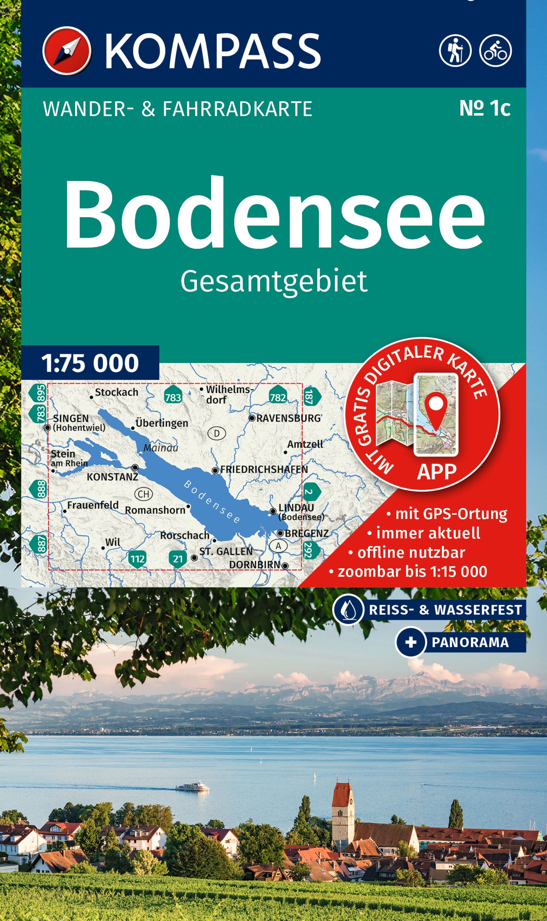 Wandelkaart Bodensee Gesamtgebiet | Kompass 1c | 1:75.000 | ISBN 9783991543220