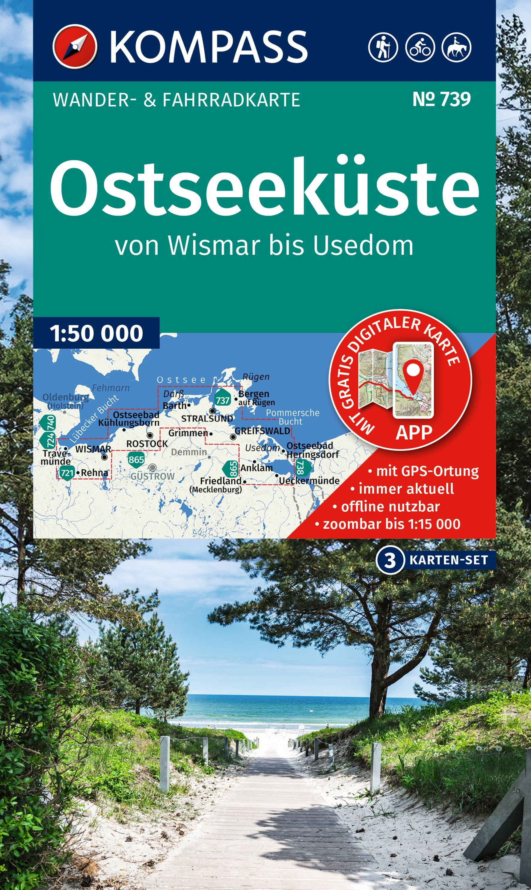 Wandelkaart Ostseeküste, Von Wismar bis Usedom | Kompass 739 | 1:50.000 | ISBN 9783991543824