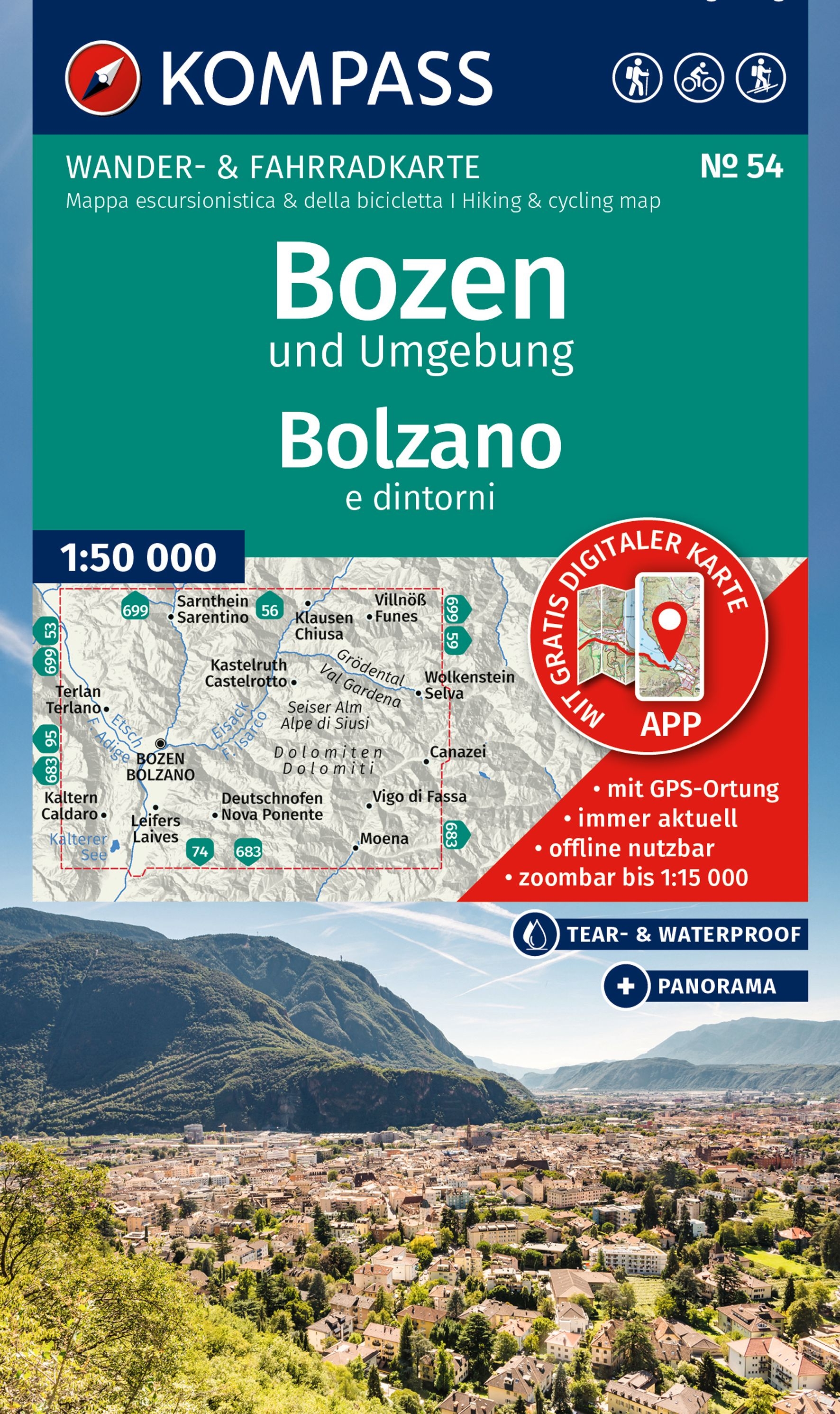 Wandelkaart Bozen und Umgebung : Bolzano e dintorni | Kompass 54 | 1:50.000 | ISBN 9783991543718