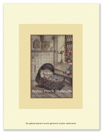 Geboorteprent: Baby in wieg met bloemendeken, Anton Pieck