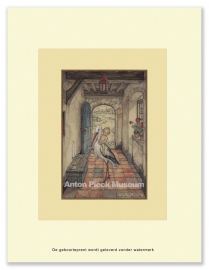 Geboorteprent: Baby op ooievaar in de gang, Anton Pieck