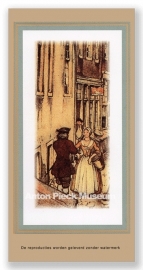 Vignetkaartje: Amsterdam, man begroet winkelende vrouw (Unieke Amsterdam collectie)