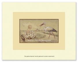 Geboorteprent: Baby in waterlelie met ooievaar, Anton Pieck