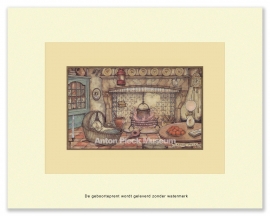 Geboorteprent: Baby in wieg bij kachel, Anton Pieck