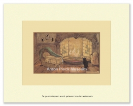 Geboorteprent: Baby in rieten wieg bij kat, Anton Pieck