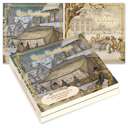 Kerstkaarten: (doosje), Gebakkraam - Kinderen in slee, Anton Pieck