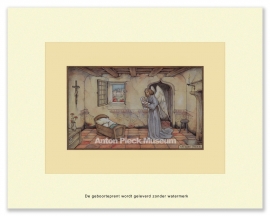 Geboorteprent: Engel doet baby in de wieg, Anton Pieck