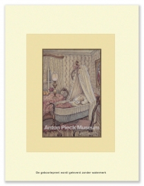 Geboorteprent: Baby in wieg kijkt naar olielamp, Anton Pieck