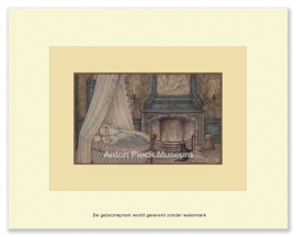 Geboorteprent: Baby in wieg met hemeltje en kat, Anton Pieck