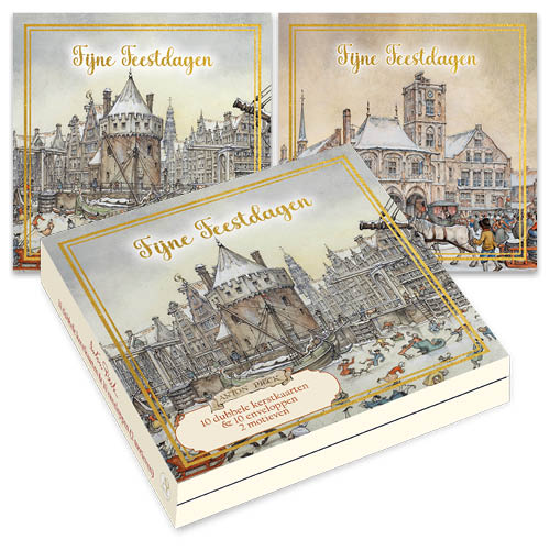 Kerstkaarten: (doosje), Amsterdam Schreiertoren - Stadhuis, Anton Pieck